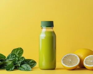 Minimalist smoothie bottle with fresh ingredients beside it, plantbased eating, product mockup aesthetic