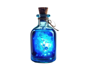 Glowing blue potion in a glass bottle with a cork stopper, tied with twine, on black