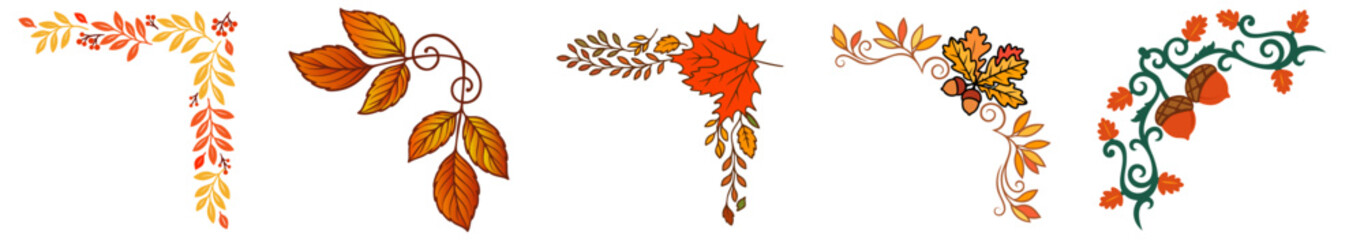 Thanksgiving Fall Autumn Corner Ornament, Frame, Border with Leaves, Branches, Berries and Botanical Flourish Accents