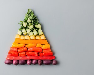 Minimal food pyramid made of colorful plantbased ingredients, plantbased eating, educational concept visual