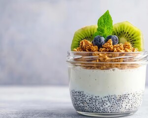 Chia pudding with plant milk, granola and kiwi in glass jar, plantbased eating, nutrientdense breakfast shot