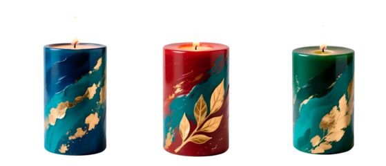 Set of Three Luxury Decorative Pillar Candles with Abstract Paint Isolated on Transparent Background