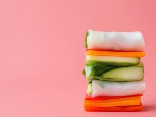 Vibrant spring rolls with rice paper and rainbow vegetables, plantbased eating, fresh Asianstyle snack