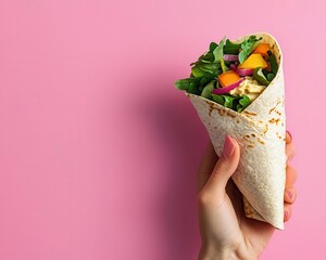 Hand holding a colorful vegan wrap with hummus and greens, plantbased eating, dynamic lifestyle image