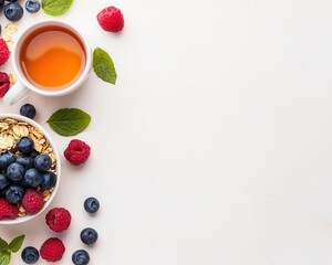 Clean breakfast spread with oat bowl, berries, and herbal tea, plantbased eating, serene morning vibe