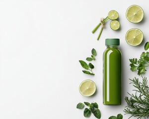 Minimalist smoothie bottle with fresh ingredients beside it, plantbased eating, product mockup aesthetic