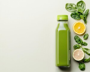 Minimalist smoothie bottle with fresh ingredients beside it, plantbased eating, product mockup aesthetic
