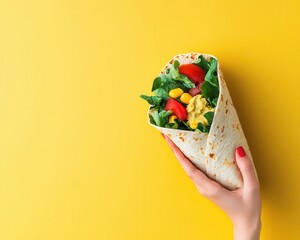 Hand holding a colorful vegan wrap with hummus and greens, plantbased eating, dynamic lifestyle image