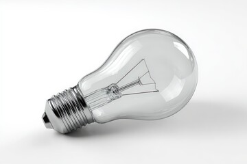 A 3D render of a single, classic, clear glass lightbulb (turned off). Isolated on a plain white background with a soft shadow. Idea or energy concept.