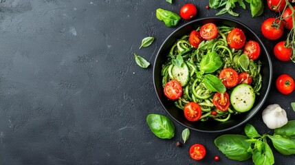 Zucchini noodles with pesto and cherry tomatoes in modern bowl, plantbased eating, lowcarb green meal