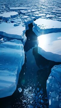 Aerial perspective of a fragmented crystalline landscape surface slowly shifting and fracturing like ice floes during a subtle cinematic movement structure, drone style, conceptual
