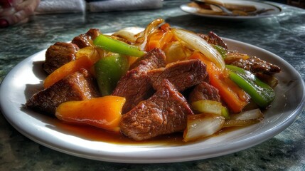 A delicious plate of sizzling chinese pepper steak showcases tender beef chunks surrounded by colorful bell peppers and onions. The dish is served in a warm, inviting restaurant atmosphere