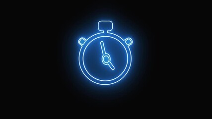Glowing neon blue stopwatch outline on animated black, sleek timer design for time tracking and countdown visuals. Neon Blue Outline of a Stopwatch on a animation Black Background timer time..