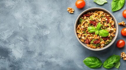 Vegan pasta with walnut pesto and sundried tomatoes, plantbased eating, Italian inspired plant cuisine