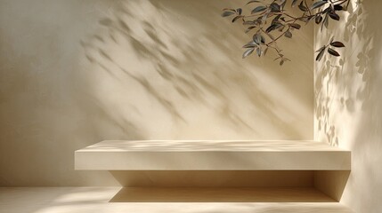 Render of a beige platform with botanical elements, soft lighting, and shadow play