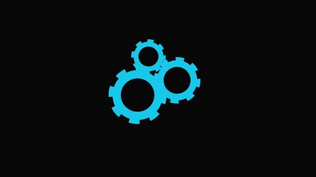 Cyan gears connected and spinning together on black background, animated cogwheels, mechanical system, and tech motion.Three Interlocking Cyan Gears on a animation Black Background cogwheels