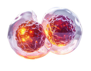 Microscopic view of two glowing spherical cells, encased in transparent bubbles, dark background