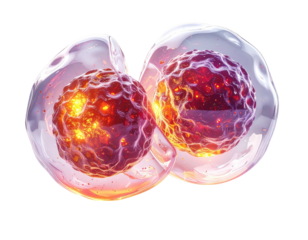 Microscopic view of two glowing spherical cells, encased in transparent bubbles, dark background