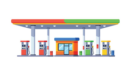 Colorful illustration of a gas station with multiple fuel pumps and canopy