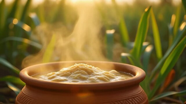 Hot Steaming Pongal in Clay Pot Celebrating Harvest Festival
