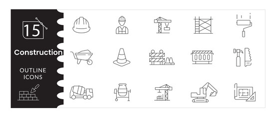 Construction Icon Set,Engineering, Architecture Building Tools Outline Pack, Builder Industry Vector Collection,Equipment Symbols, Engineering Line Icons , Editable Stroke