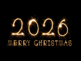 Happy New Year 2026. Burning sparkling text 2026 isolated on black background.