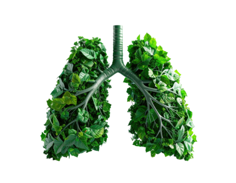 Graphic of a human lung made entirely of green leafy plants against a black background