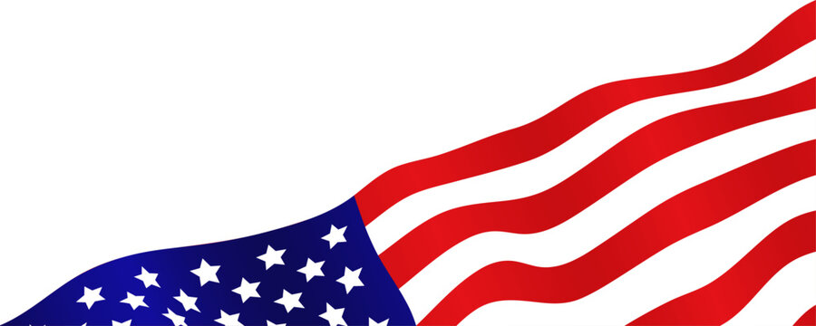 Waving American flag design element in the bottom corner with ample white background copy space. Patriotic, national, and democratic banner with the US national flag. Editable vector illustration.