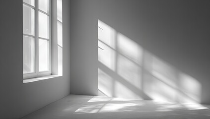 Fototapeta premium Minimalist empty room with a large window letting in sunlight creating geometric shadows on the wall