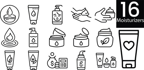 Collection of hand drawn icons representing skincare and beauty products and their application