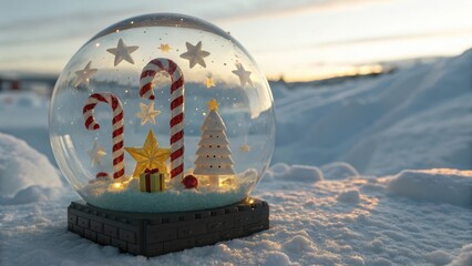 Naklejka premium A Christmas Snow Globe with Candy Canes and Star Decorations
