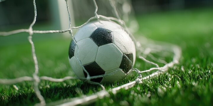 A soccer ball nestles in the goal net on a grassy field, showing a successful shot