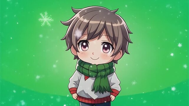 A charming anime-style boy with brown hair and a green scarf smiles against a festive green background with snowflakes, perfect for holiday-themed designs.