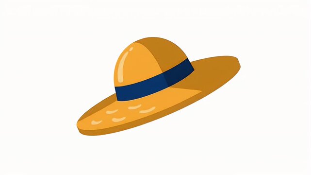 Vector illustration of a yellow wide brimmed sun hat with blue ribbon isolated on white background