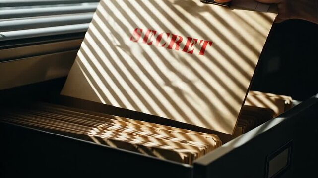A hand pulls a secret file from a cabinet. Revealing a confidential document with a red stamp. Espionage, investigation, and classified information concept
