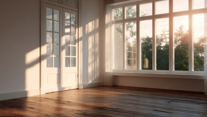 Obraz premium An empty room is bathed in sunlight filtering through a large window and french doors