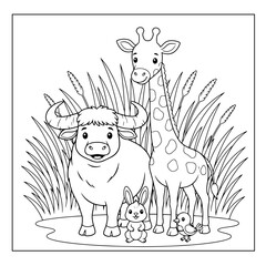 Buffalo, Giraffe, Rabbit & Bird Savanna Coloring Page