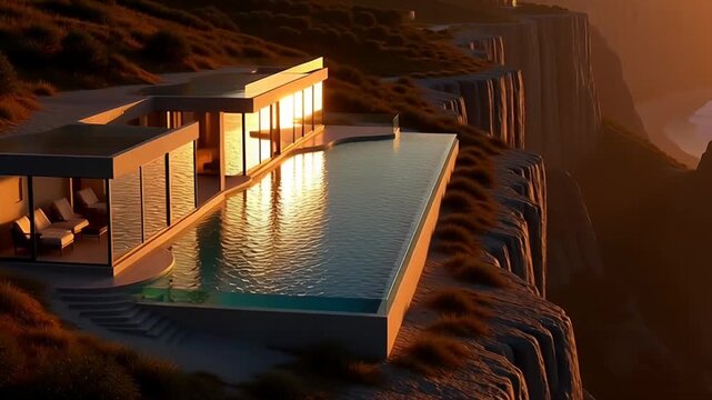 Modern cliffside luxury villa with infinity pool at sunset