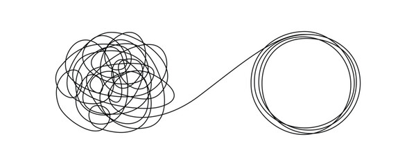 Chaotic tangled line transforms into circle knot illustration. Abstract concept showing problem-solving path from mess to order in vector graphic format.