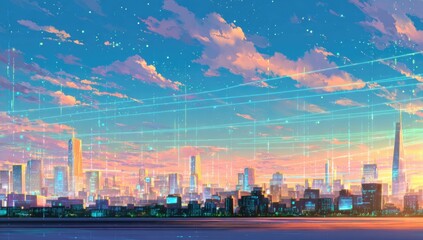 Vibrant cityscape glows at sunset, under a sky speckled with stars and glowing lines