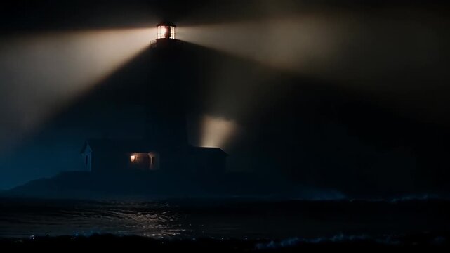 Lighthouse beacon illuminating dark ocean night
