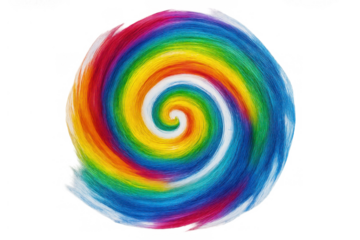 Colorful spiral creating a vibrant psychedelic motion effect, swirling spectrum of rainbow hues, abstract background element with transparent backdrop