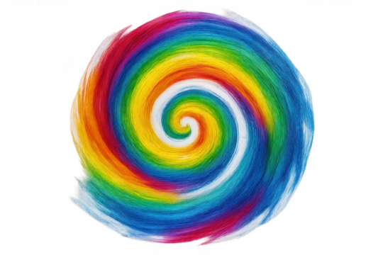 Colorful spiral creating a vibrant psychedelic motion effect, swirling spectrum of rainbow hues, abstract background element with transparent backdrop