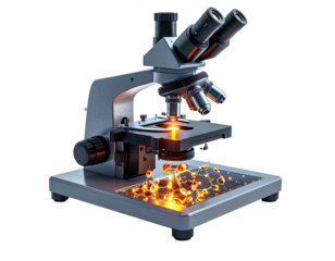 A detailed, isolated view of a modern lab microscope with an illuminated base