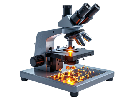A detailed, isolated view of a modern lab microscope with an illuminated base