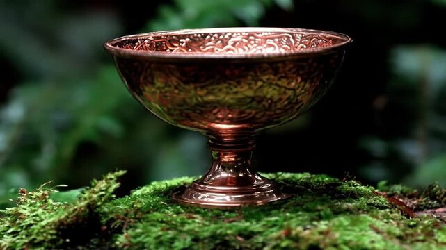 A detailed shot of an intricately designed bronze chalice resting on moss. The background is out of focus