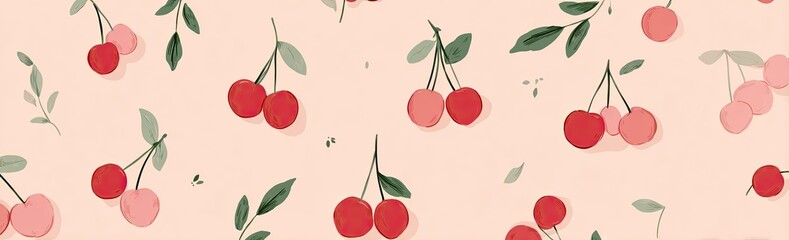 A repetitive pattern of bright red and pink cherries with green leaves scattered on a light, blush-colored backdrop
