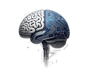 Half organic, half technological brain concept, symbolizing AI, innovation and advanced thinking