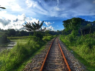 Railway track winding through green landscape
