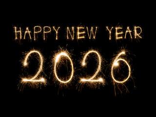 Happy New Year 2026. Burning sparkling text 2026 isolated on black background.